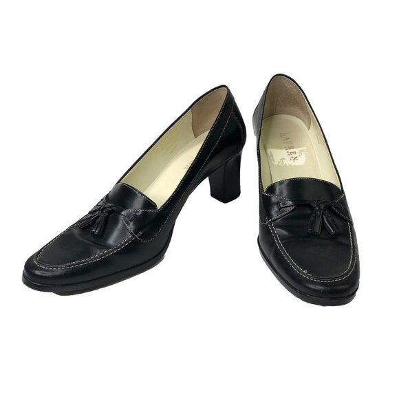 Ralph Lauren Black Leather Shoes Size 9 B Heeled Loafers Block Heels Bow Slip On - Picture 1 of 10